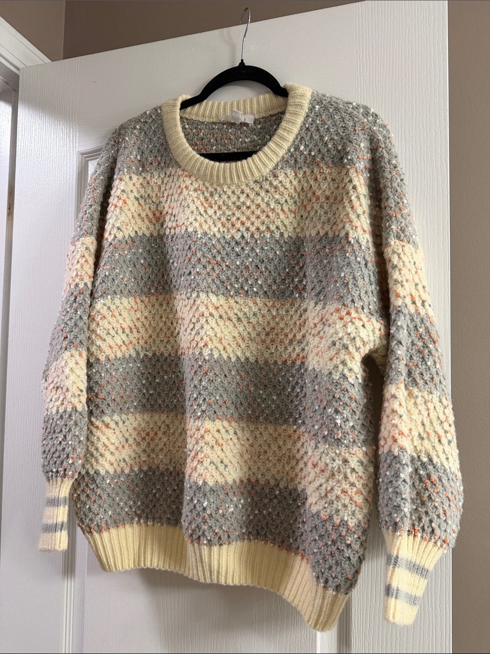 THML Cream and Gray Textured Knit Crewneck Sweater